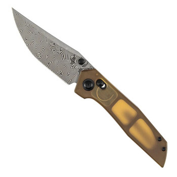 Tenable Deadite Folding Knife Amber PEI Handle Water Ripple Damascus Clip Point Plain Edge B1081V4