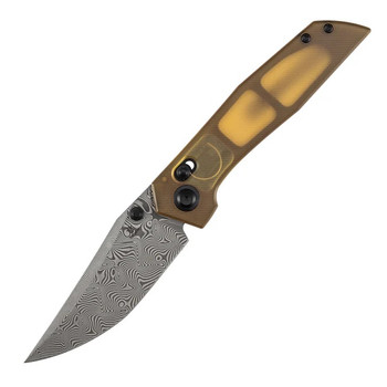 Tenable Deadite Folding Knife Amber PEI Handle Water Ripple Damascus Clip Point Plain Edge B1081V4