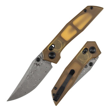 Tenable Deadite Folding Knife Amber PEI Handle Water Ripple Damascus Clip Point Plain Edge B1081V4