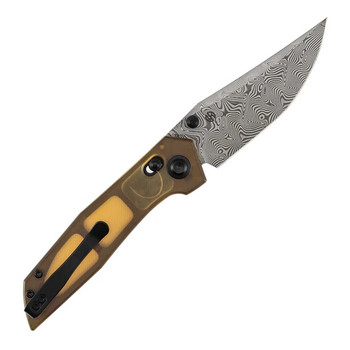 Tenable Deadite Folding Knife Amber PEI Handle Water Ripple Damascus Clip Point Plain Edge B1081V4