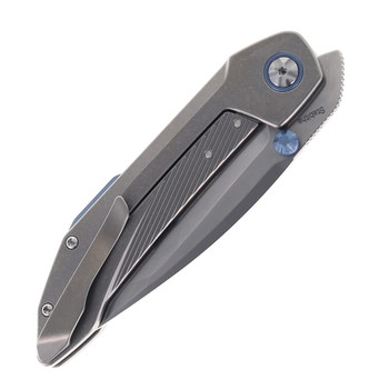 Ketuo Folding Knife Stabitha Titanium/Blue Accents Handle M390 Drop Point Plain Edge Bead Blast Finish