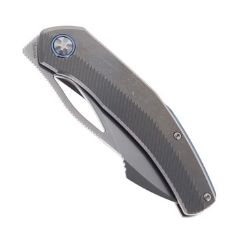 Ketuo Folding Knife Slashly Titanium/Blue Accents Handle M390 Drop Point Plain Edge Bead Blast Finish