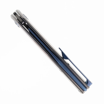 Ketuo Folding Knife Slashly Titanium/Blue Accents Handle M390 Drop Point Plain Edge Bead Blast Finish