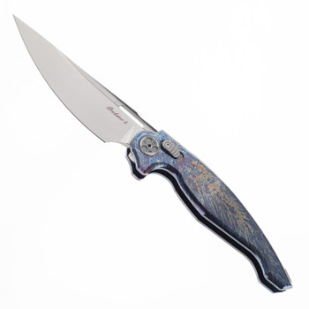 Rike Predator 2 Folding Knife Electric Anodized Titanium Handle M390 Drop Point Plain Edge Beadblast Finish