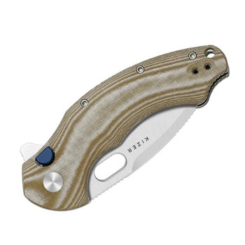 Kizer Militaw 315 Folding Knife Aluminum/Shipwreck CamoCarbon Handle Elmax Drop Point Plain Edge Satin Finish Ki3634.31CDA2