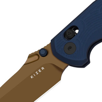 Kizer Khamsin Folding Knife Navy Blue Aluminum Handle Nitro-V Drop Point Plain Edge Sunset Metal PVD Finish V3791A2