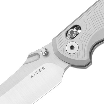 Kizer Khamsin Folding Knife Silver Aluminum Handle Nitro-V Drop Point Plain Edge Satin Finish V3791A3