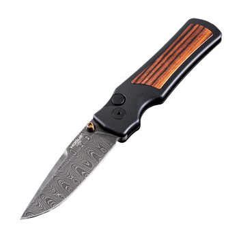 Hogue Saxum Button Lock Folding Knife Drop Point Damascus Blade Matte Black Aluminum Frame with Carbon Fiber Inserts 24690-LIM