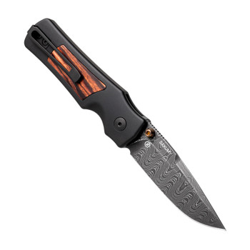 Hogue Saxum Button Lock Folding Knife Drop Point Damascus Blade Matte Black Aluminum Frame with Carbon Fiber Inserts 24690-LIM