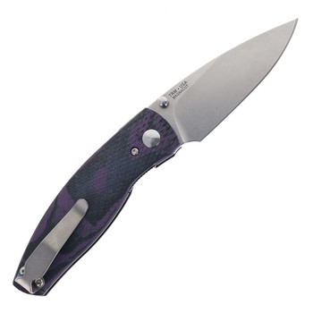 TRM Neutron 2 Folding Knife Concord Grape Burl G10 3D Lizard Skin Handle Drop Point Plain Edge Stonewash Finish