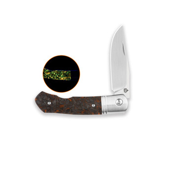 QSP Heron Folding Knife Glow-in-the-Dark Orange Shredded Carbon Fiber Handle Nitro-V Clip Point Plain Edge Satin Finish QS175-D