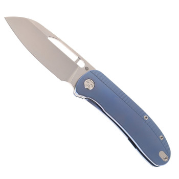 Tempest Knives Mach71 Folding Knife Blue Anodized Titanium Handle S90V Modified Sheepsfoot Plain Edge Stonewash Finish