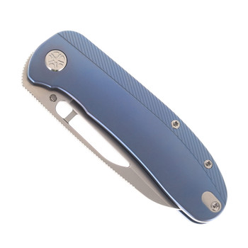 Tempest Knives Mach71 Folding Knife Blue Anodized Titanium Handle S90V Modified Sheepsfoot Plain Edge Stonewash Finish