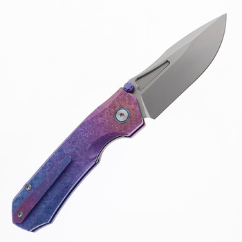 Remette RT-Rhino Folding Knife Blue, Pink, Purple Crystalized Titanium Handle M390 Plain Edge RNTB5