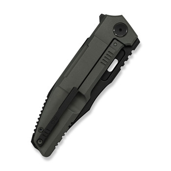 (Pre-Order ships 7-27) WE Knife Barracks Folding Knife Dark Olive Titanium Handle M390 Clip Point Plain Edge Hand Polished Satin Black Stonewash Flat Blade WE2507