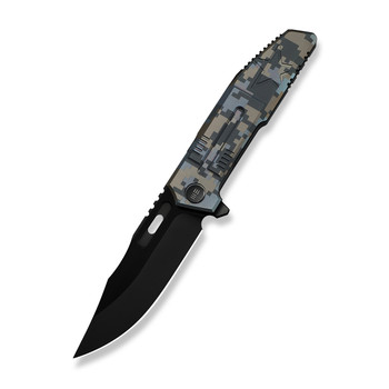 (Pre-Order ships 7-27) WE Knife Barracks Folding Knife Pixel Pattern Titanium Handle M390 Clip Point Plain Edge Black Stonewashed Bevels Black Brushed Flats Blade WE25078-3
