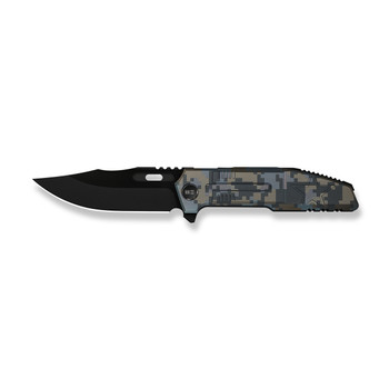 (Pre-Order ships 7-27) WE Knife Barracks Folding Knife Pixel Pattern Titanium Handle M390 Clip Point Plain Edge Black Stonewashed Bevels Black Brushed Flats Blade WE25078-3