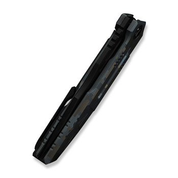 (Pre-Order ships 7-27) WE Knife Barracks Folding Knife Pixel Pattern Titanium Handle M390 Clip Point Plain Edge Black Stonewashed Bevels Black Brushed Flats Blade WE25078-3