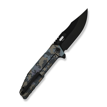 (Pre-Order ships 7-27) WE Knife Barracks Folding Knife Pixel Pattern Titanium Handle M390 Clip Point Plain Edge Black Stonewashed Bevels Black Brushed Flats Blade WE25078-3