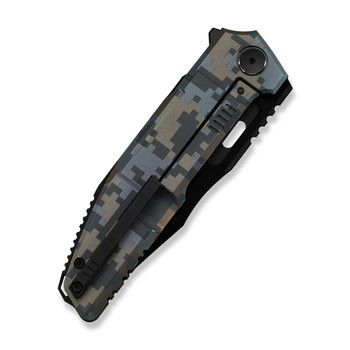 (Pre-Order ships 7-27) WE Knife Barracks Folding Knife Pixel Pattern Titanium Handle M390 Clip Point Plain Edge Black Stonewashed Bevels Black Brushed Flats Blade WE25078-3