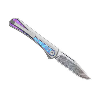Kizer Melody Folding Knife Silver Aluminum/Crystallized Titanium Handle Rainbow Damascus Plain Edge Acid Wash Finish KI3732A1