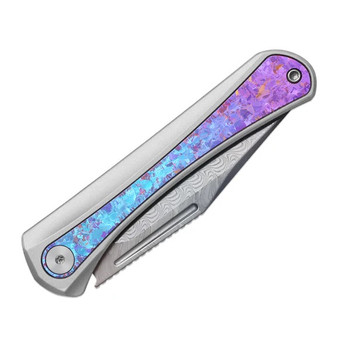 Kizer Melody Folding Knife Silver Aluminum/Crystallized Titanium Handle Rainbow Damascus Plain Edge Acid Wash Finish KI3732A1