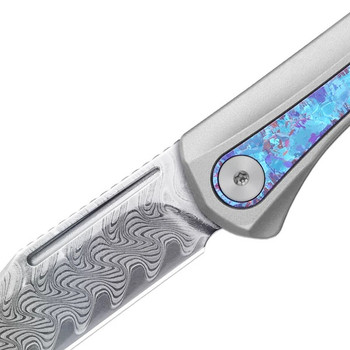 Kizer Melody Folding Knife Silver Aluminum/Crystallized Titanium Handle Rainbow Damascus Plain Edge Acid Wash Finish KI3732A1