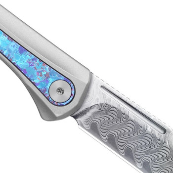 Kizer Melody Folding Knife Silver Aluminum/Crystallized Titanium Handle Rainbow Damascus Plain Edge Acid Wash Finish KI3732A1