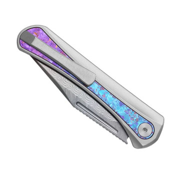 Kizer Melody Folding Knife Silver Aluminum/Crystallized Titanium Handle Rainbow Damascus Plain Edge Acid Wash Finish KI3732A1