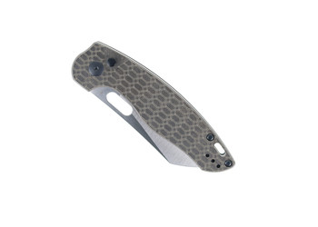 Discontinued WMK Exclusive Kizer Towser K Thumb Hole Button Lock Folding Knife Chocolate Glacier Richlite Handle 3V Sheepsfoot Plain Edge Satin Finish V4593E3