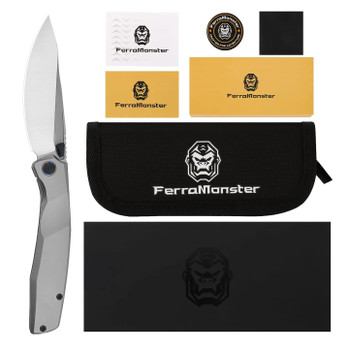 Ferramonster Astrome Folding Knife Bead Blast Titanium Handle S90V Plain Edge Belt Satin Finish FM23009-A