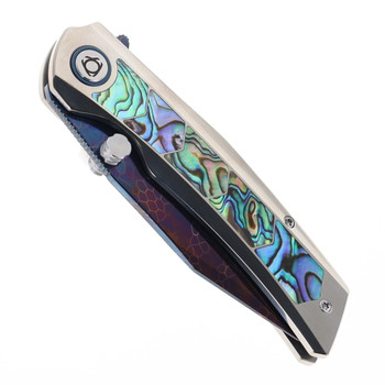 SixLeaf Folding Knife Silver Titanium/Mother of Pearl Handle Damascus Plain Edge Dragon Scale Etched Finish SL-106-5-Dragon