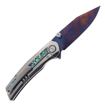 SixLeaf Folding Knife Silver Titanium/Mother of Pearl Handle Damascus Plain Edge Dragon Scale Etched Finish SL-106-5-Dragon
