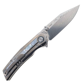SixLeaf Folding Knife Titanium/Mother of Pearl Handle Damascus Plain Edge Etched Finish SL-106-Damascus-Shell