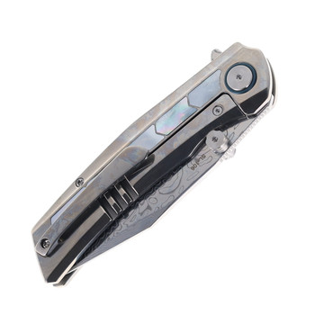 SixLeaf Folding Knife Titanium/Mother of Pearl Handle Damascus Plain Edge Etched Finish SL-106-Damascus-Shell