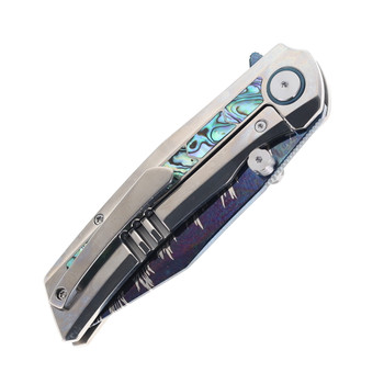 SixLeaf Folding Knife Titanium/Mother of Pearl Handle Feather Pattern Damascus Plain Edge SL-106-Feather-Damascus-Shell
