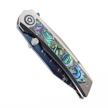 SixLeaf Folding Knife Titanium/Mother of Pearl Handle Feather Pattern Damascus Plain Edge SL-106-Feather-Damascus-Shell