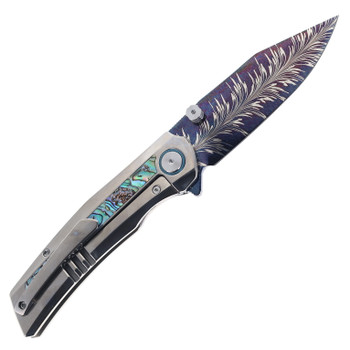 SixLeaf Folding Knife Titanium/Mother of Pearl Handle Feather Pattern Damascus Plain Edge SL-106-Feather-Damascus-Shell