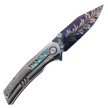 SixLeaf Folding Knife Titanium/Mother of Pearl Handle Feather Pattern Damascus Plain Edge SL-106-Feather-Damascus-Shell