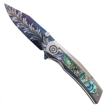 SixLeaf Folding Knife Titanium/Mother of Pearl Handle Feather Pattern Damascus Plain Edge SL-106-Feather-Damascus-Shell