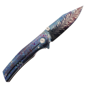 SixLeaf Folding Knife Zirconium Damascus Handle Feather Pattern Damascus Plain Edge SL-106-Zircuti
