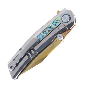 SixLeaf Folding Knife Multicolor Titanium/Mother of Pearl Handle M390 Plain Edge Gold Dragon Scale Pattern Blade SL-106-Gold-3