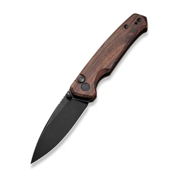 (Button Stick) Discontinued Civivi Altus Button Lock Folding Knife Cuibourtia Wood Handle Nitro-V Plain Edge Black Stonewash Finish C20076-3
