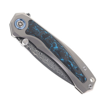 SixLeaf Folding Knife Blue Titanium/Carbon Fiber Handle Damascus Plain Edge SL-107-CF-Blue