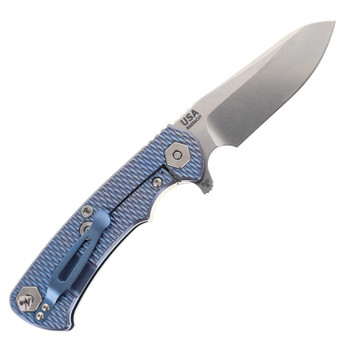 Hinderer Project X Folding Knife Sheepsfoot Stonewashed Magnacut Blade Translucent Green G10 & Stonewashed Blue Titanium Handle