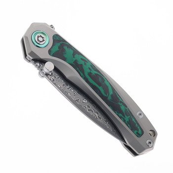 SixLeaf Folding Knife Green Titanium/Carbon Fiber Handle Damascus Plain Edge SL-107-CF-Green