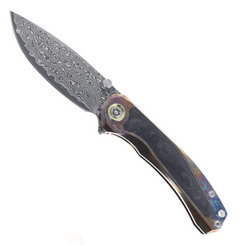 SixLeaf Folding Knife Lightning Titanium/Black Carbon Fiber Handle Damascus Plain Edge SL-107-Lightning-Pattern-Black