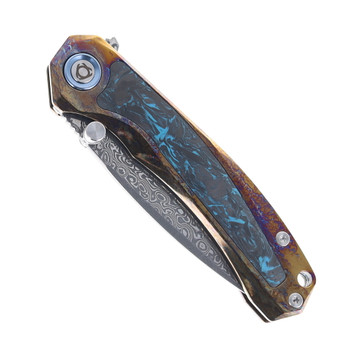 SixLeaf Folding Knife Lightning Blue Titanium/Carbon Fiber Handle Damascus Plain Edge