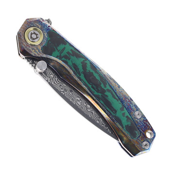 SixLeaf Folding Knife Lightning Green Titanium/Carbon Fiber Handle Damascus Plain Edge SL-107-Lightning-Pattern-Green