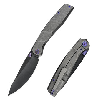 Ferramonster Astrome Folding Knife Black Titanium Handle S90V Plain Edge Belt Satin/DLC Finish FM23009-B
